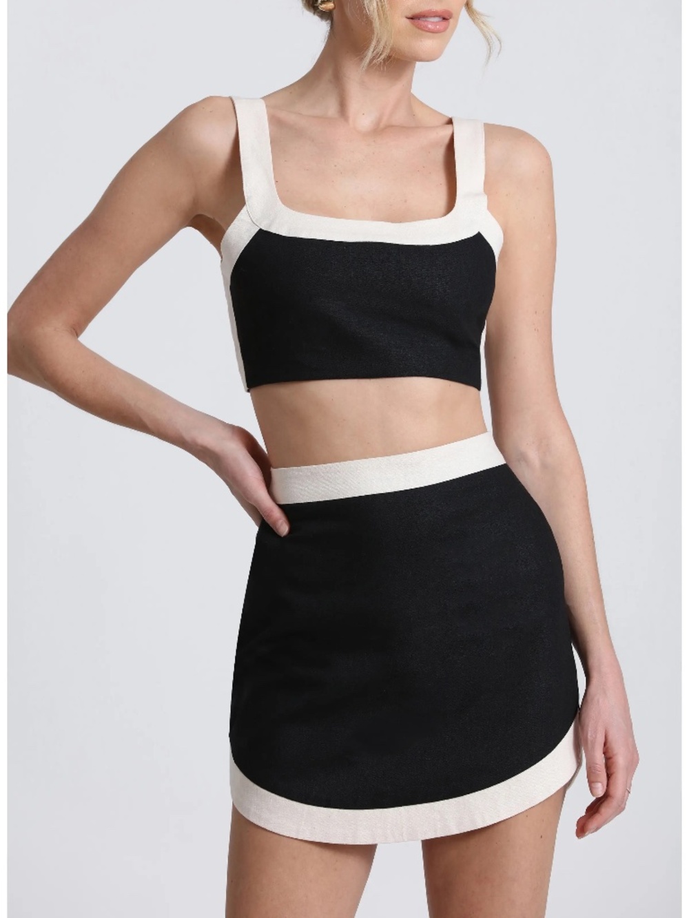 Avec Les Filles Colorblock Linen Blend Crop Top & Miniskirt Set